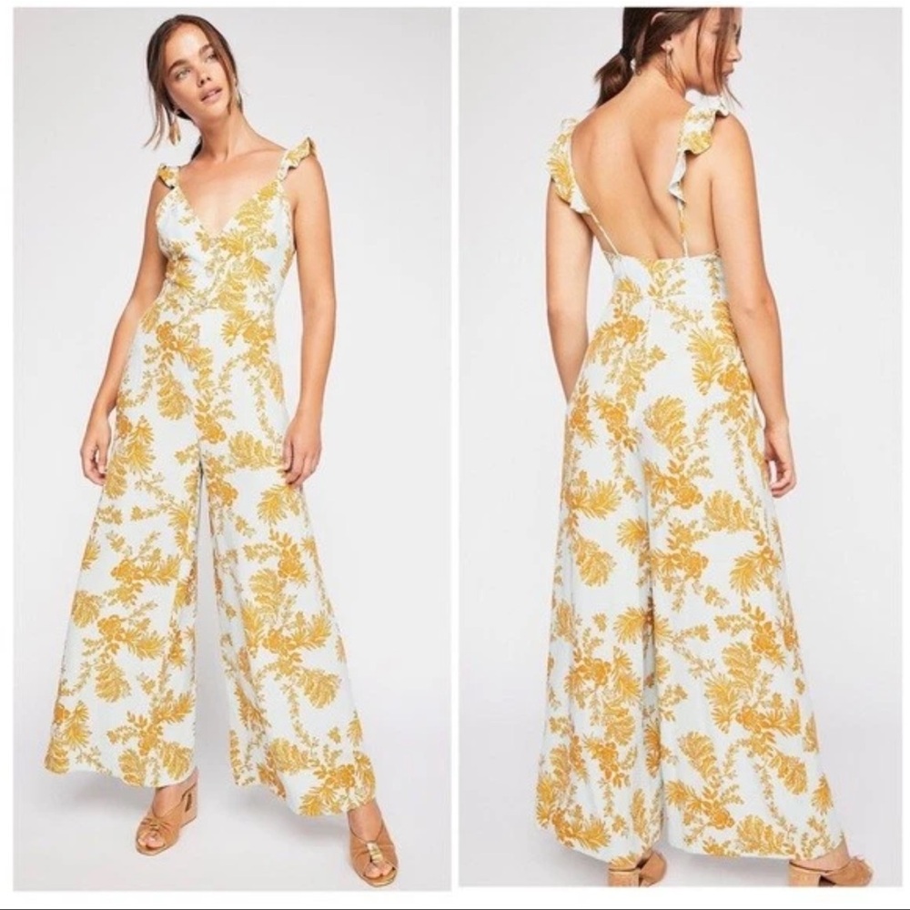 Free People Be The One Floral Wide Leg Ruffle Sleeve Jumpsuit – Size 8